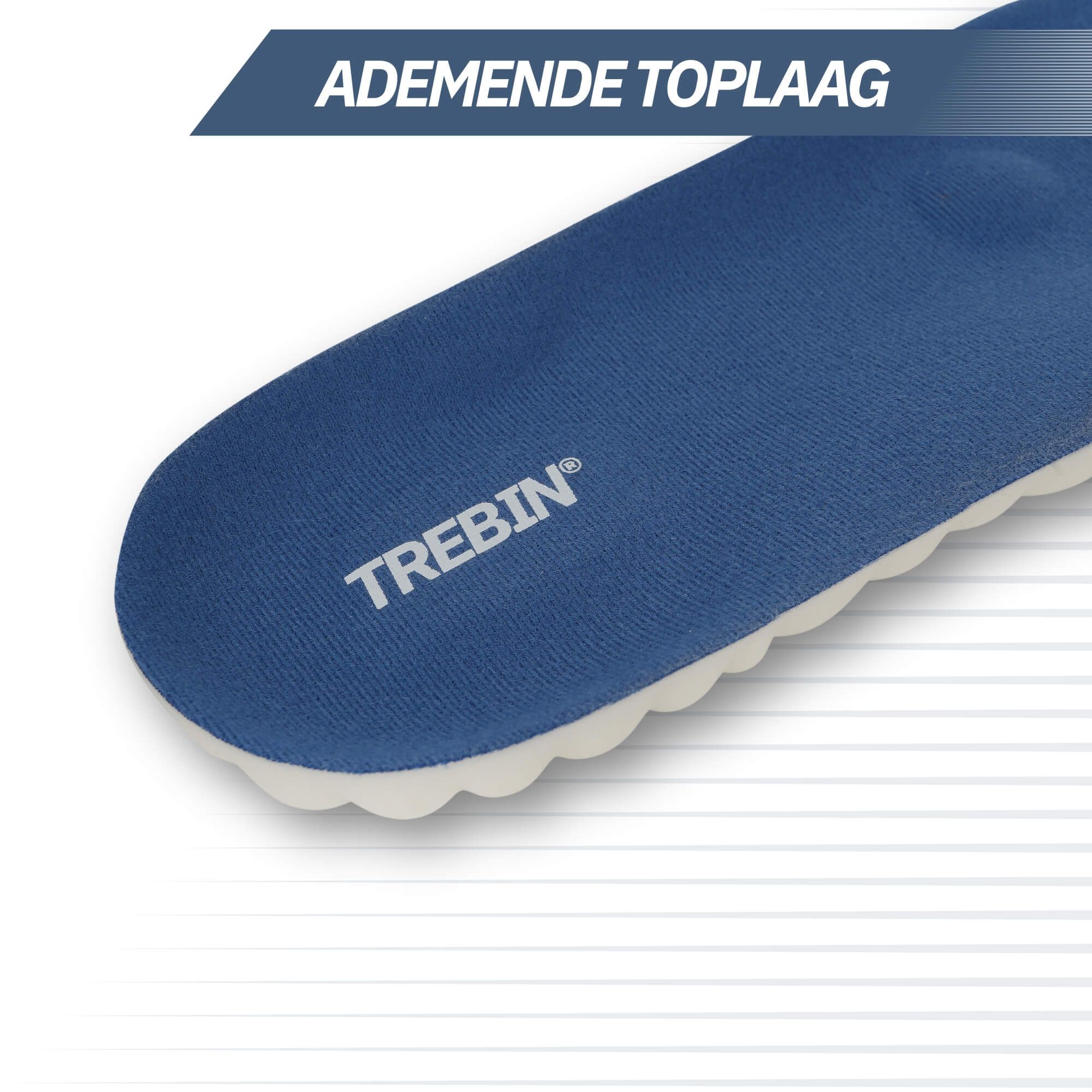 Semelle intérieure bleue avec le nom de marque TREBIN et une surface respirante.