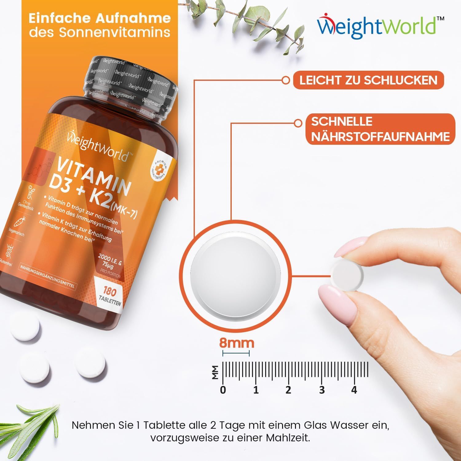 Bouteille WeightWorld Vitamine D3+K2, facile à avaler, absorption rapide.