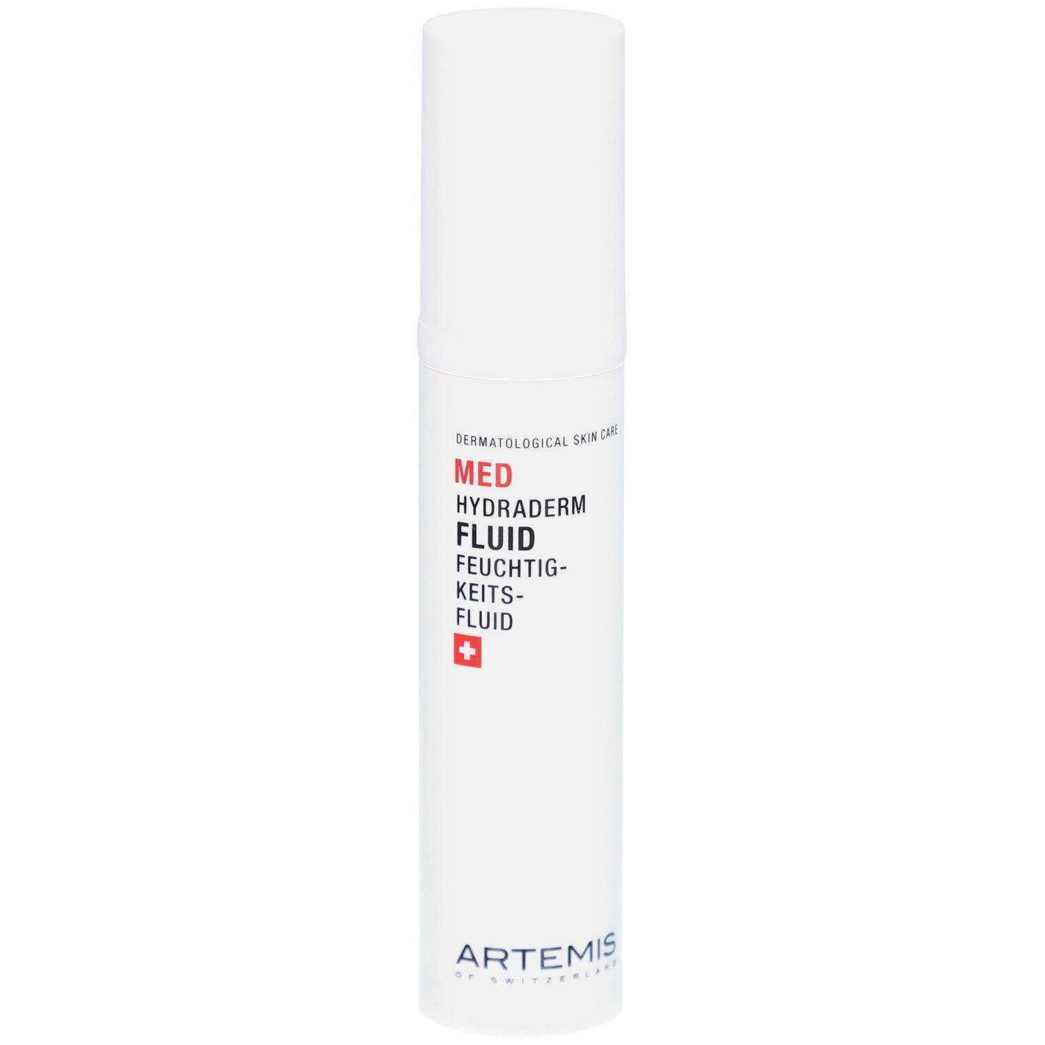 Flacon blanc avec texte rouge MED Hydraderm Fluid. Croix suisse. Logo Artemis.