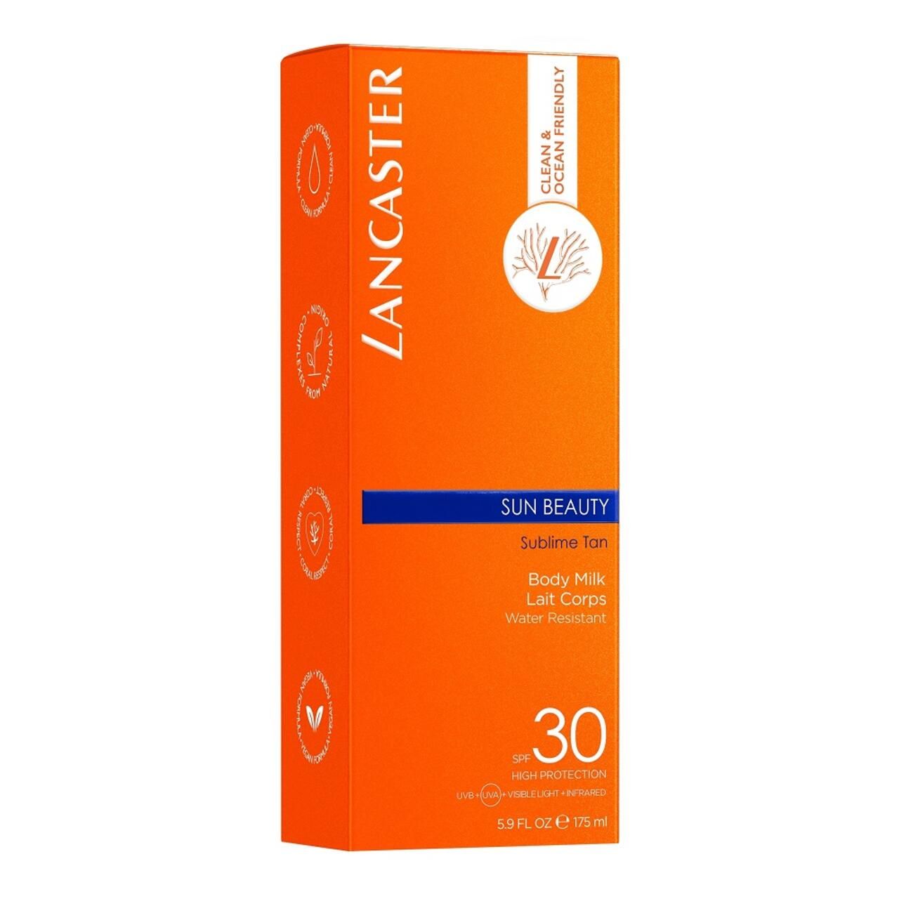 Emballage orange avec nom du produit et SPF 30. Texte: Lancaster, Sun Beauty, Body Milk, Water Resistant.