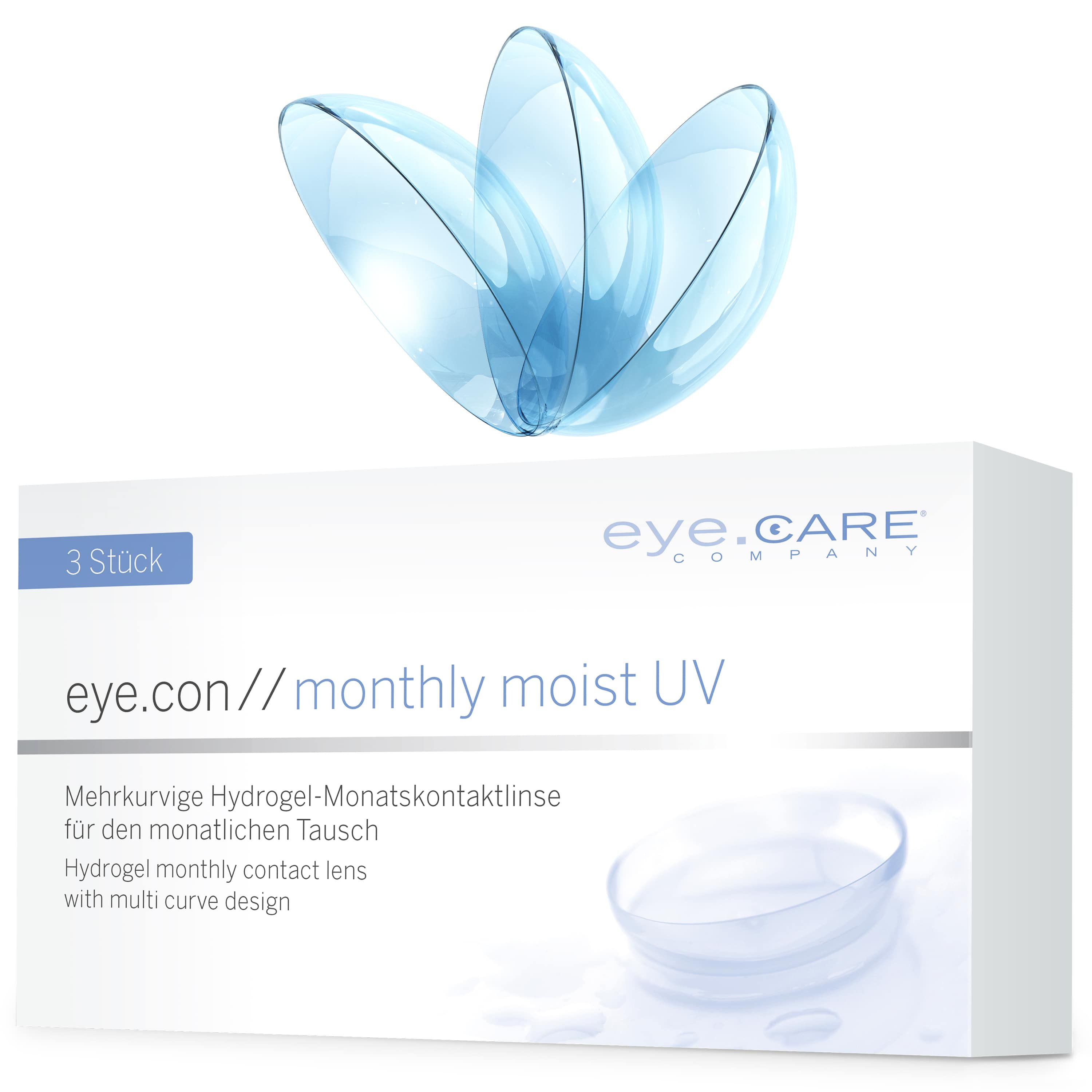 Boîte de trois lentilles de contact eye.con monthly moist UV. Silhouettes bleues de lentilles au-dessus de la boîte.
