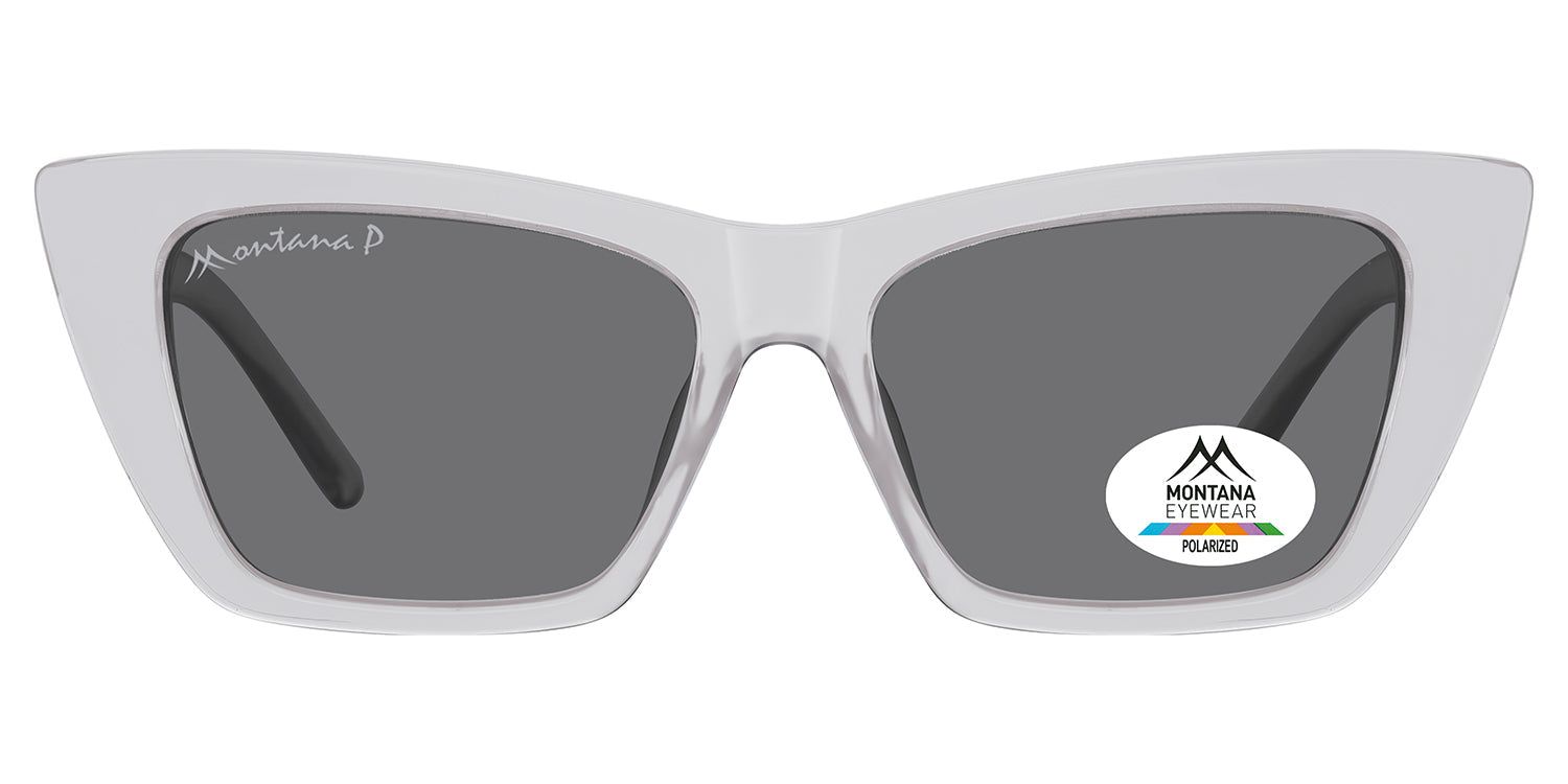 Lunettes de soleil grises de forme angulaire. Logo Montana Eyewear sur le verre. Verres polarisés. Branches noires.