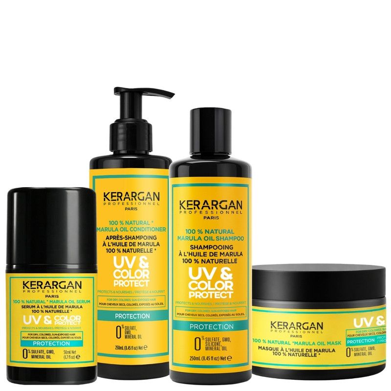 Quatre produits Kerargan. Flacons et pot noirs avec étiquettes jaunes. Inscription "UV & COLOR PROTECT".