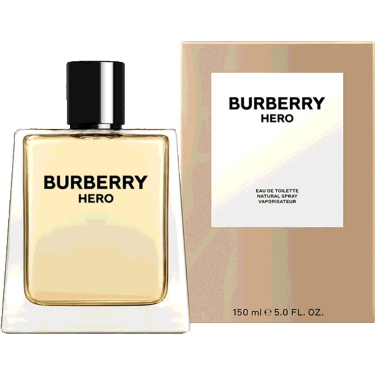 Burberry Hero Eau de Toilette. Flacon rectangulaire, bouchon noir et boîte. Inscription: Burberry Hero.