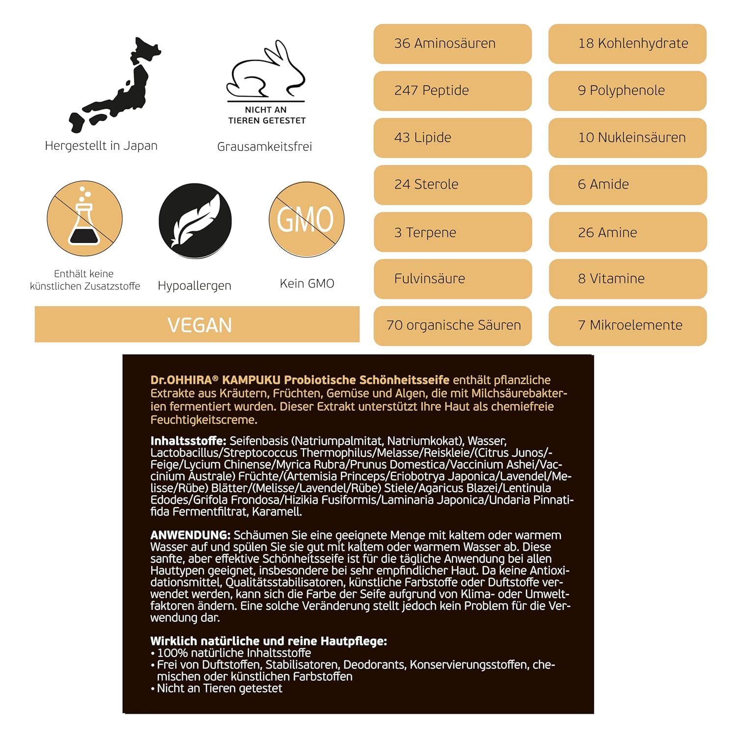 Arrière de l'emballage avec ingrédients, certifications (vegan, non testé sur animaux) et informations nutritionnelles.