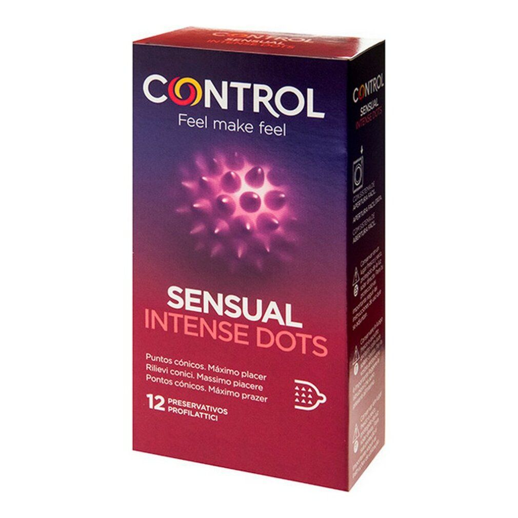 Verpakking van CONTROL SENSUAL Intense Dots. Rode doos met productnaam en afbeelding. 12 stuks.