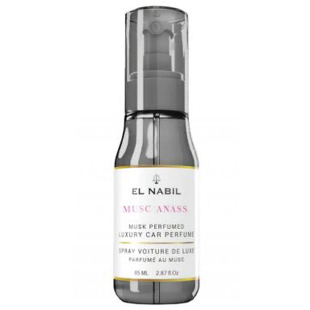 Grijze fles met verstuiver. Label met tekst: EL NABIL, MUSC ANASS, LUXURY CAR PERFUME. 85 ml.