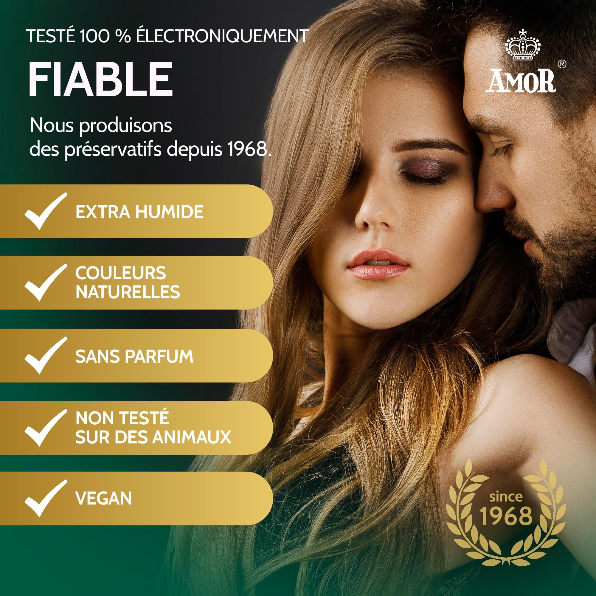Préservatif Amor: forme anatomique, naturel, transparent, en caoutchouc naturel.