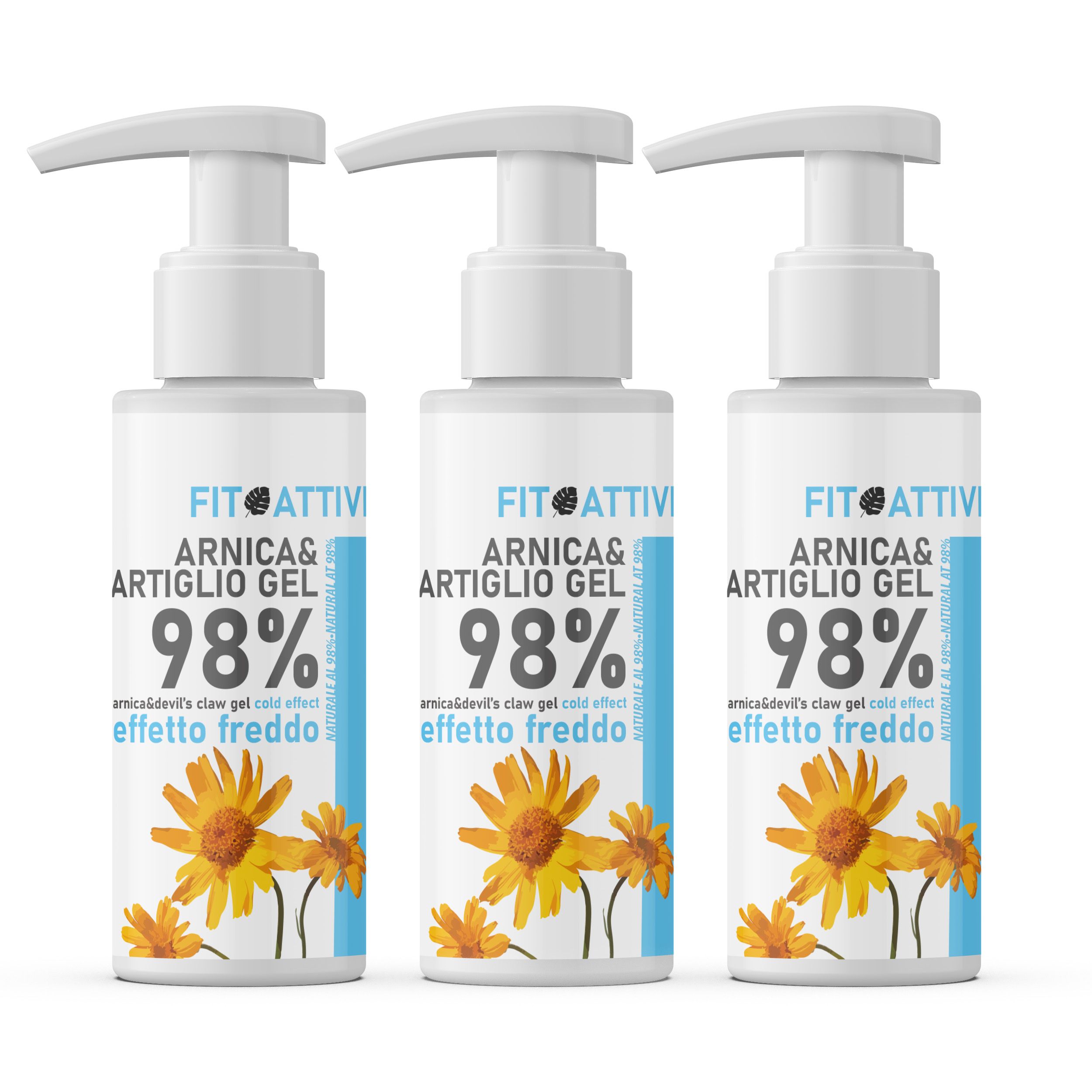 Drie witte flessen met pomp. Opschrift: Fitoattivi Arnica & Artiglio Gel 98%. Illustratie van zonnebloemen.