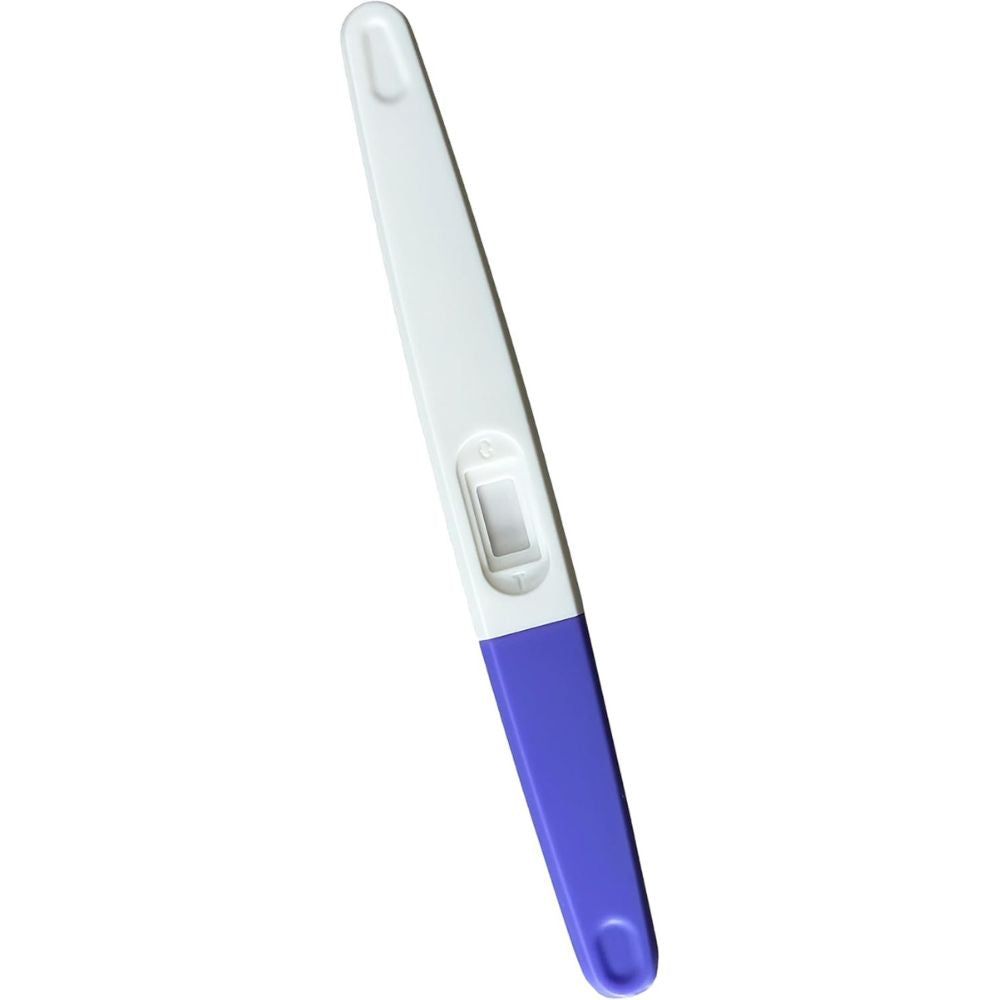 Bandelette de test hCG, blanche et violette. Deux zones. Pour l'urine. Plastique. Marquage CE.