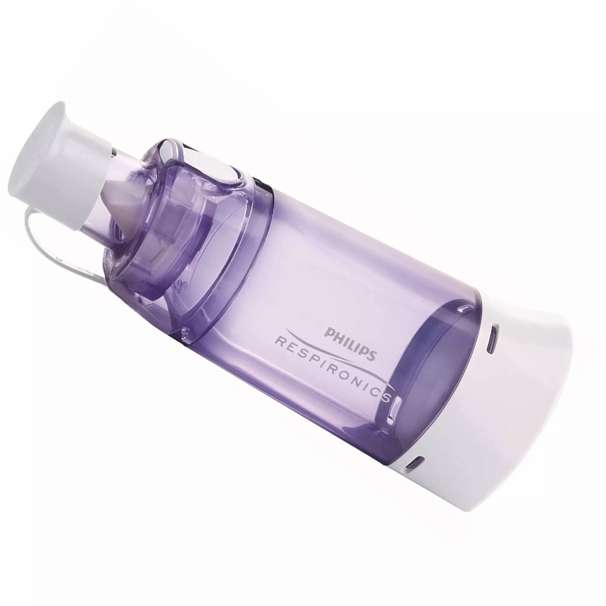 Unité d'inhalation Philips Respironics violette et blanche avec embout blanc.