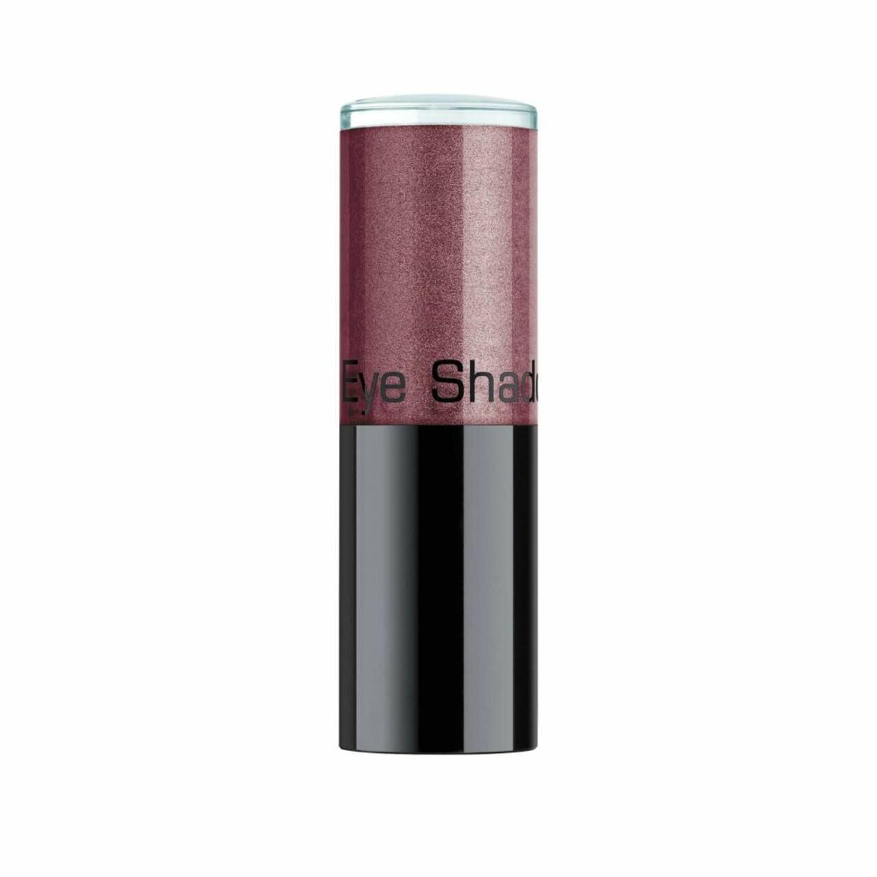 Cilindervormige bordeauxrode oogschaduwstift met zwarte basis en transparante dop. Opschrift: Eye Shad.