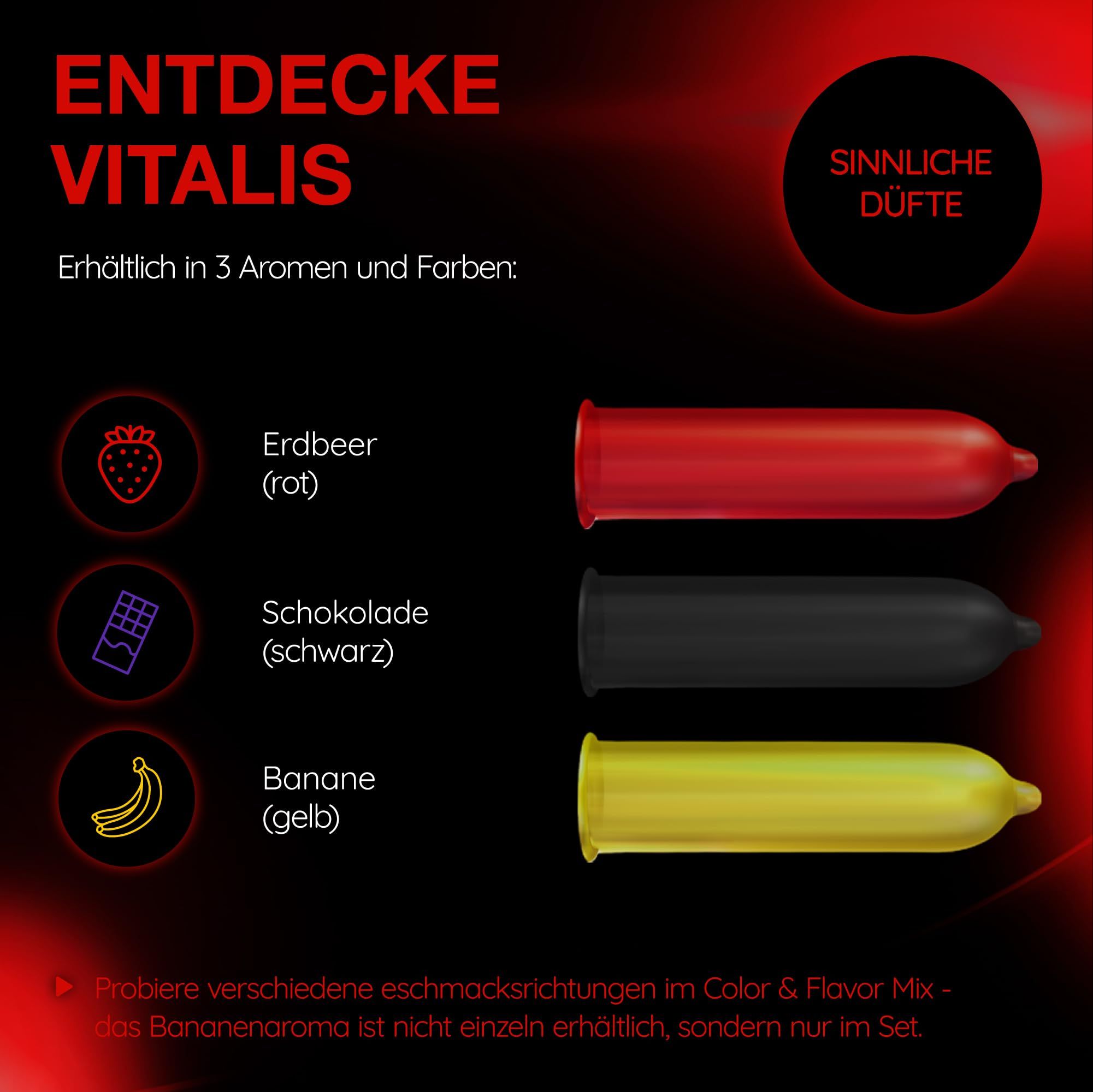 Vitalis condooms in Rood (Aardbei), Zwart (Chocolade), Geel (Banaan). Sensuele geuren.
