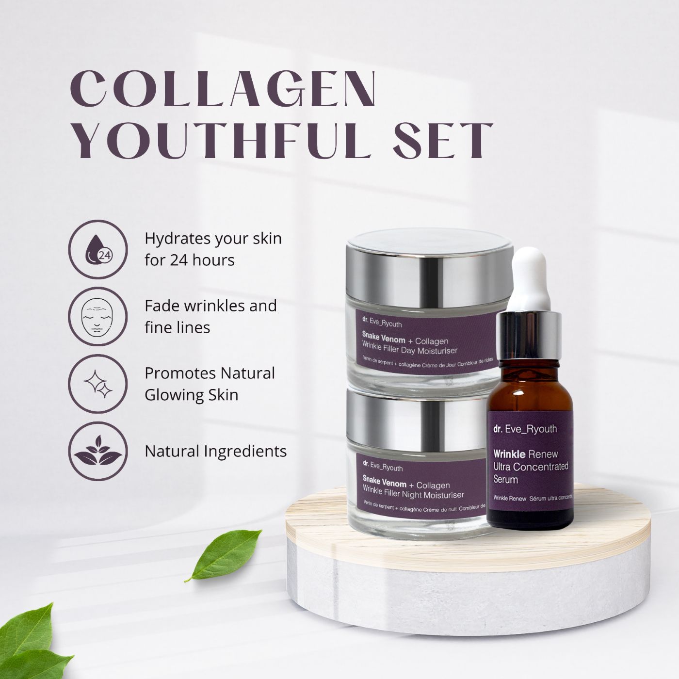 Set Dr. Eve_Ryouth sur socle. Deux pots de crème, un flacon de sérum. Texte : Collagen Youthful Set, Hydrates your skin, Fade wrinkles, Natural Ingredients.