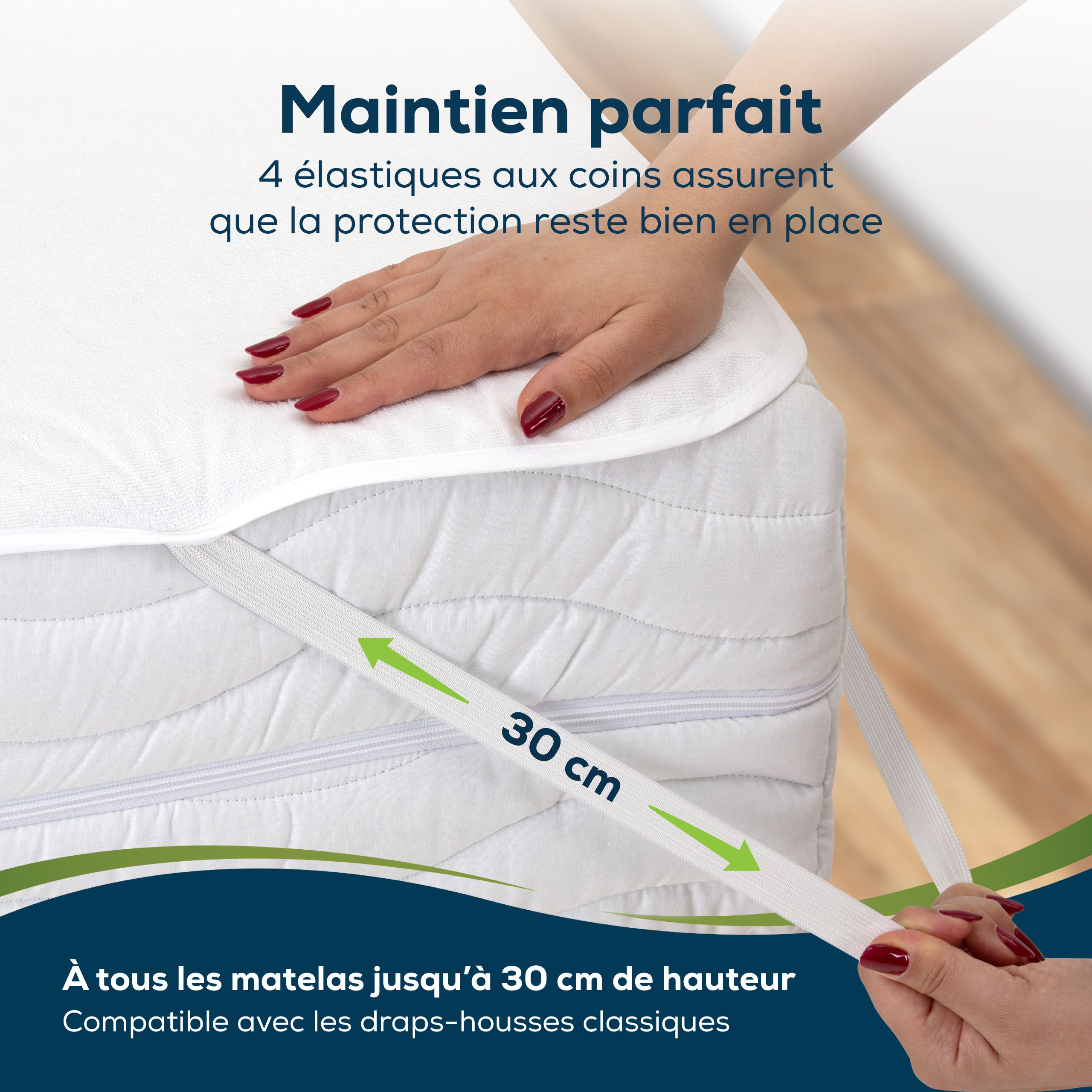 Protège-matelas avec 4 coins élastiques. Hauteur 30 cm. Pour matelas jusqu'à 30 cm. Tissu blanc.