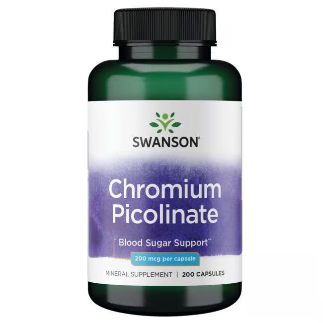 Flacon vert avec bouchon noir. Étiquette blanche avec dégradé violet. Inscription : SWANSON, Chromium Picolinate, 200 mcg par capsule.