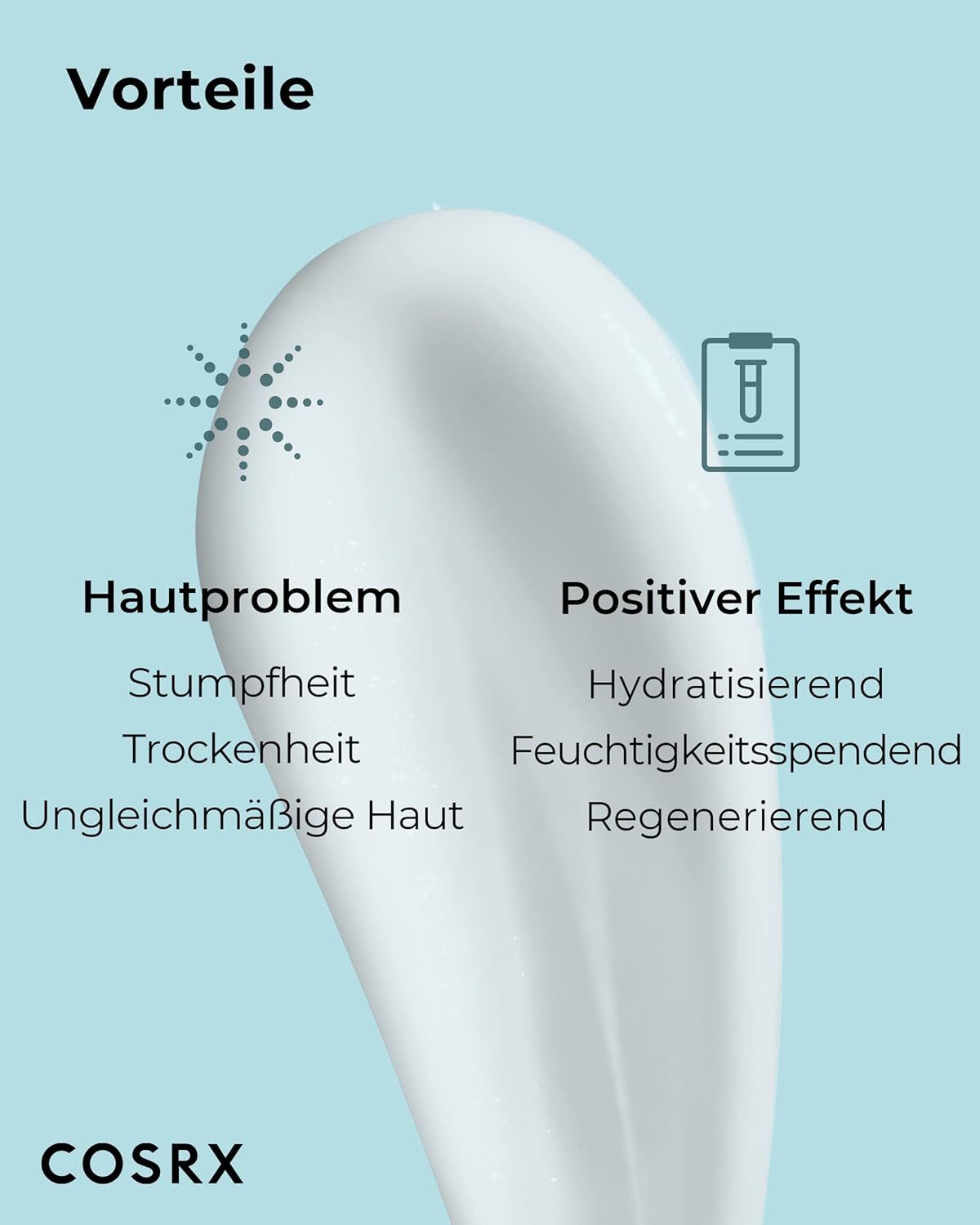 Tekst met de voordelen van het masker. Huidproblemen: dofheid, droogheid, ongelijkmatige huid. Positief effect: hydraterend.