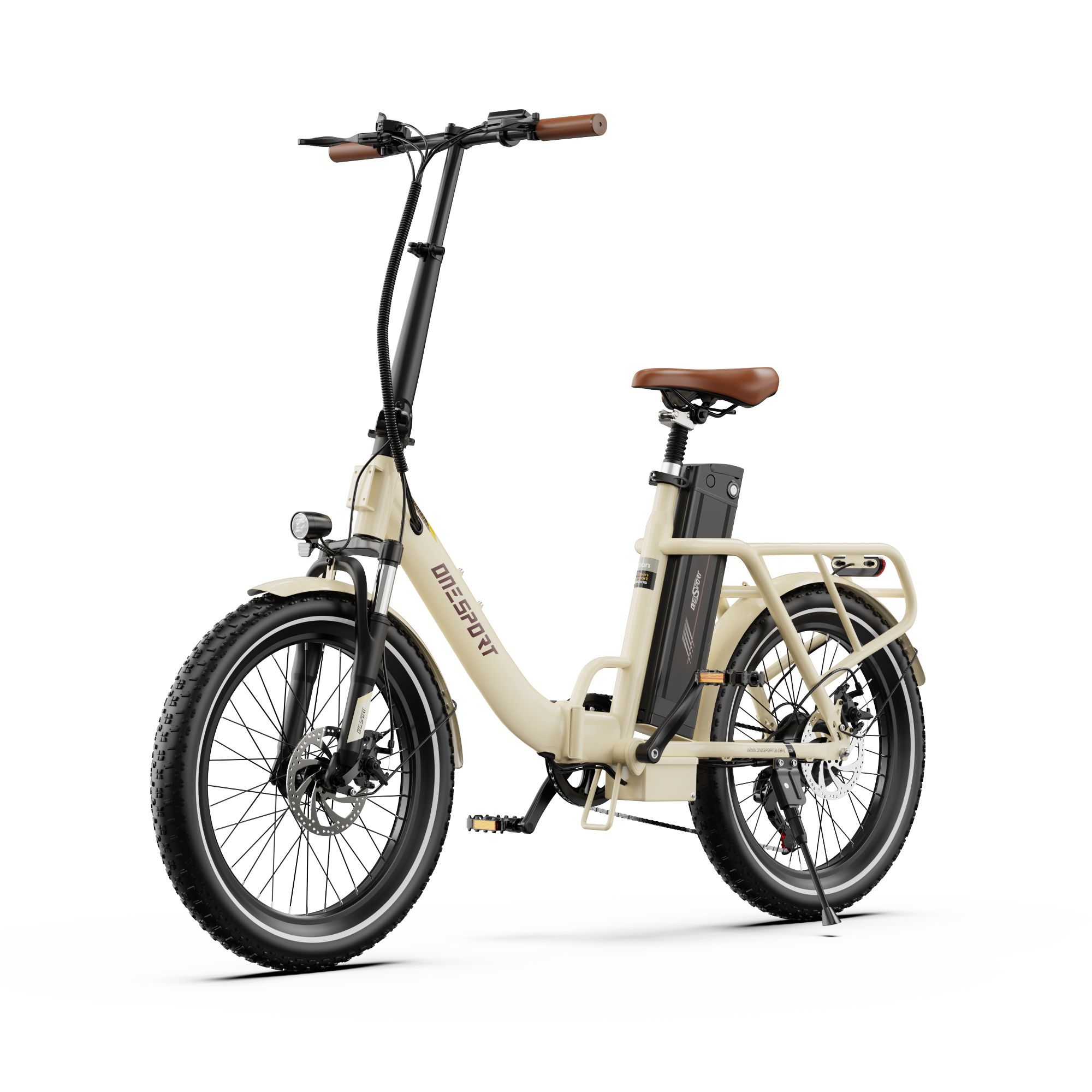 Vélo électrique beige, selle et guidon marron. Pneus noirs, porte-bagages et batterie.