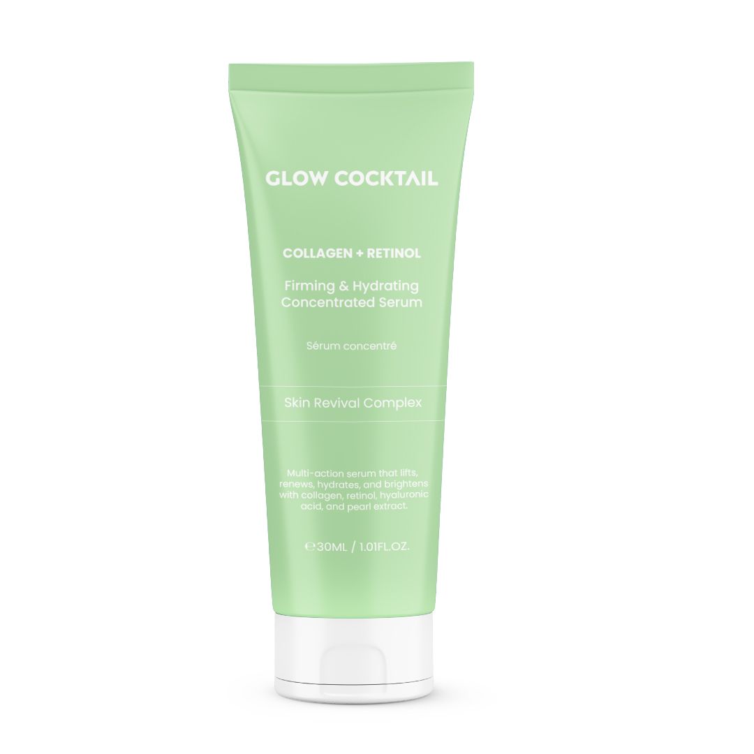 Tube verte avec bouchon blanc. Inscription : Glow Cocktail, Collagen + Retinol, Firming & Hydrating Concentrated Serum. Texte : Skin Revival Complex.