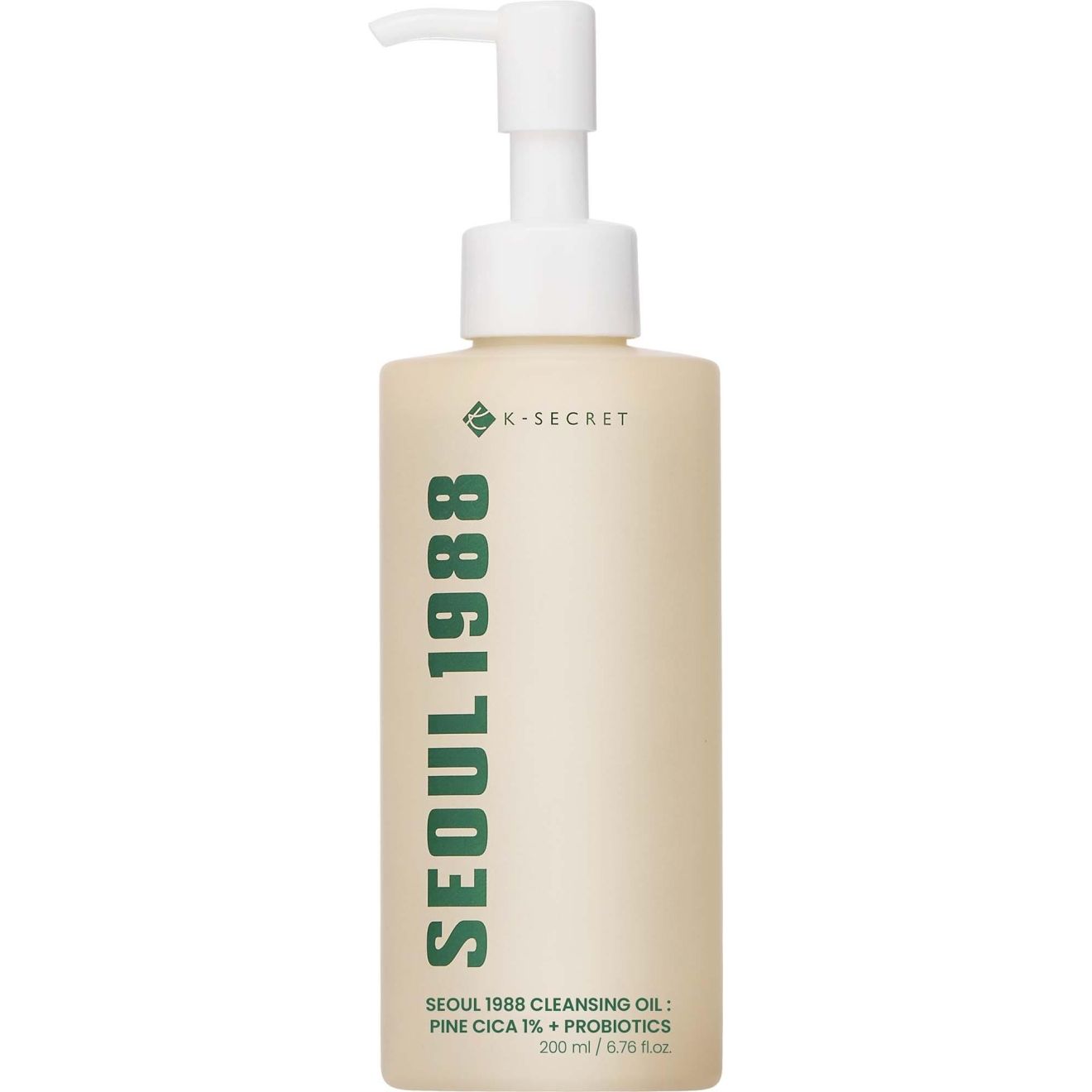 K-SECRET Seoul 1988 Cleansing Oil met pompdispenser. Beige fles met groene belettering.