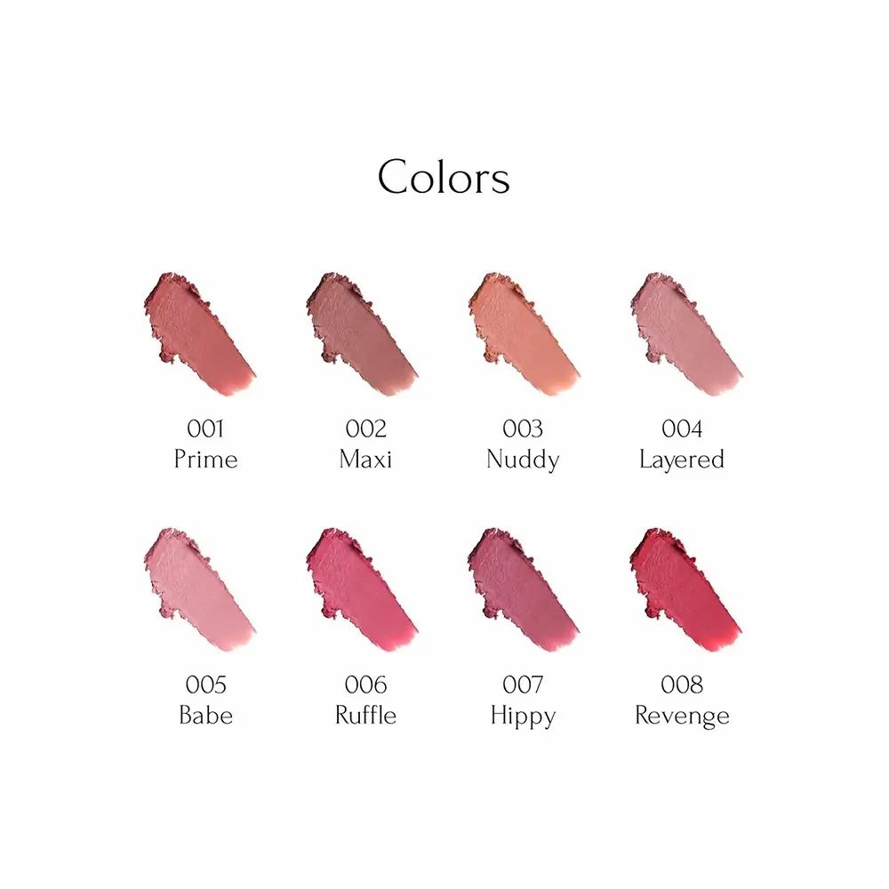 Kleurenstalen van acht lipsticks. Kleuren: 001 Prime, 002 Maxi, 003 Nuddy, 004 Layered, 005 Babe, 006 Ruffle, 007 Hippy, 008 Revenge.