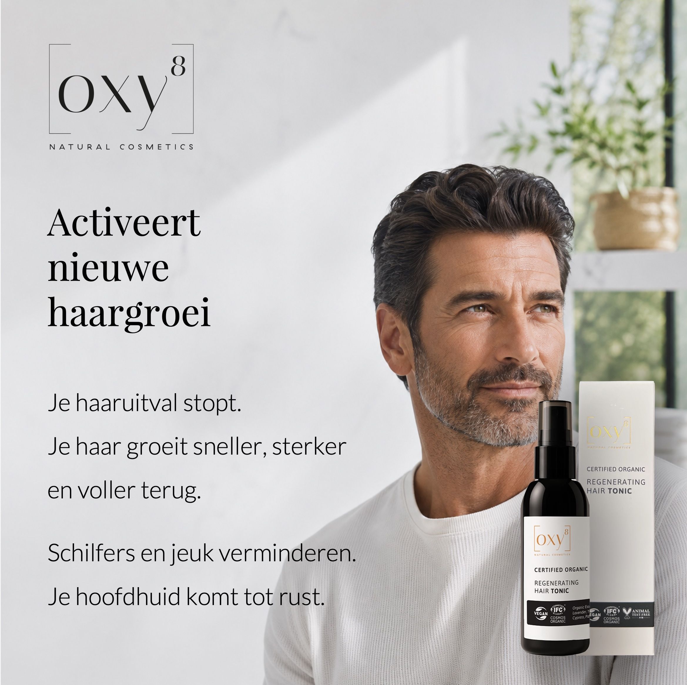 Man met OXY8 Regenerating Hair Tonic verpakking