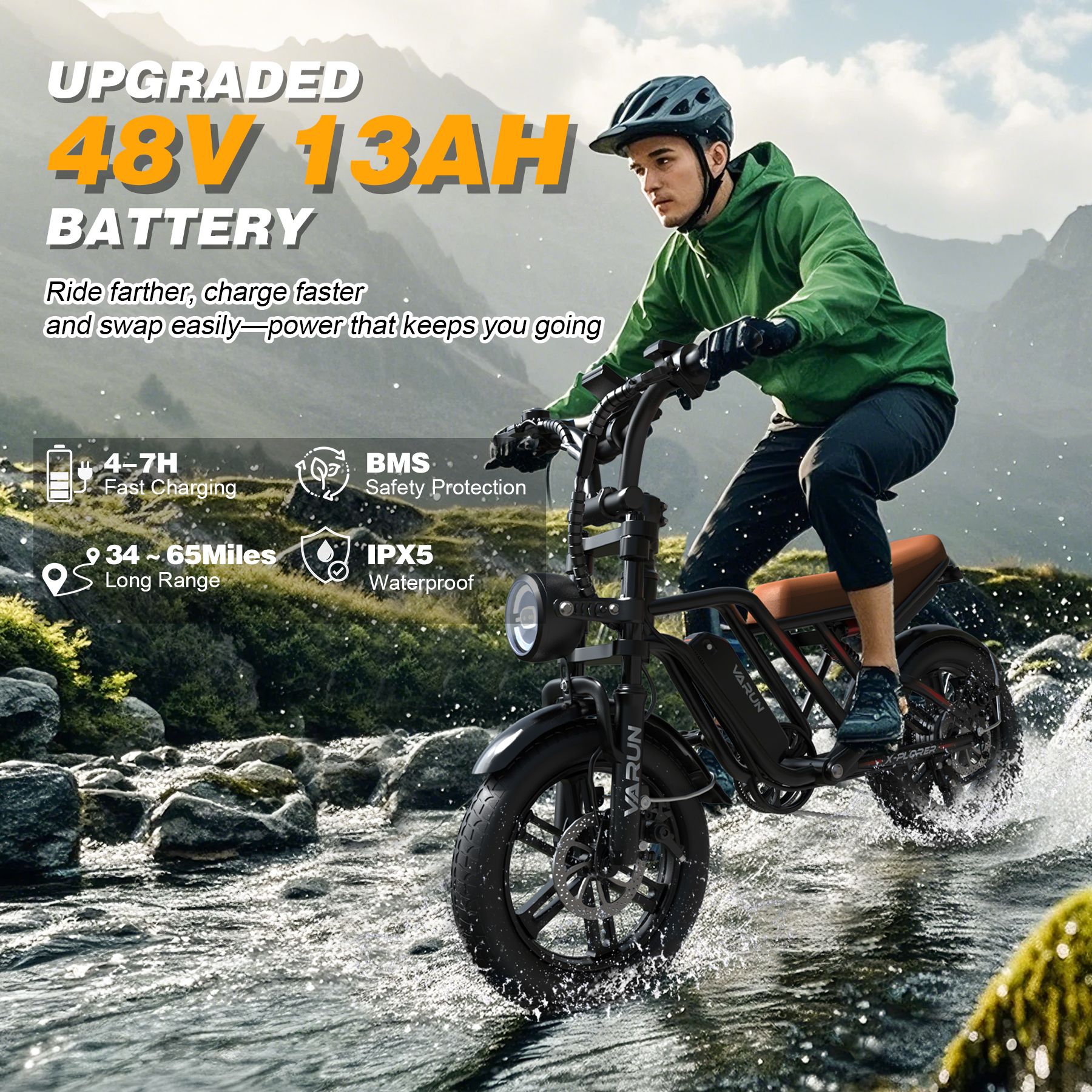 VARUN X-Plorer e-bike in actie in het water. Tekst: Upgraded 48V 13AH Battery, 4-7H Fast Charging, 34-65 Miles Long Range.