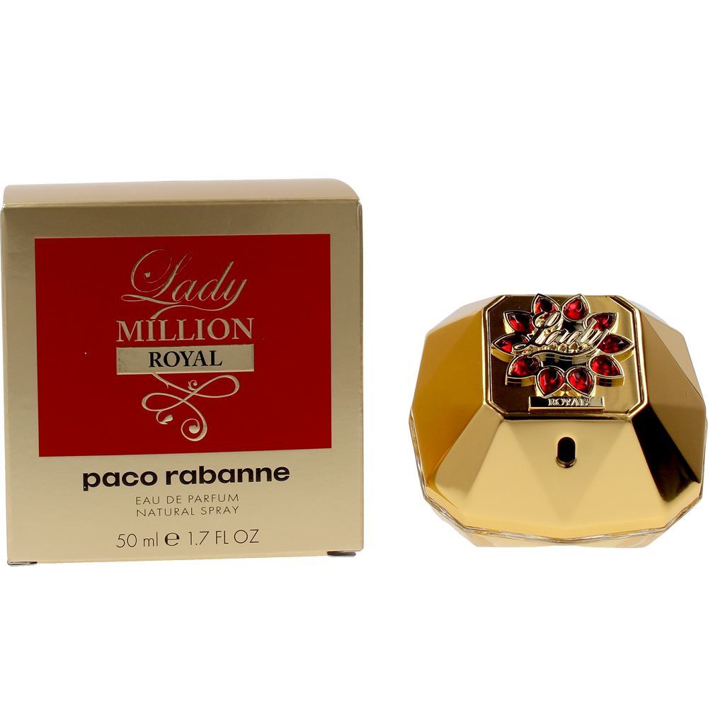 Flacon doré et emballage. Flacon avec bouchon rouge. Inscription: Lady Million Royal, Paco Rabanne.