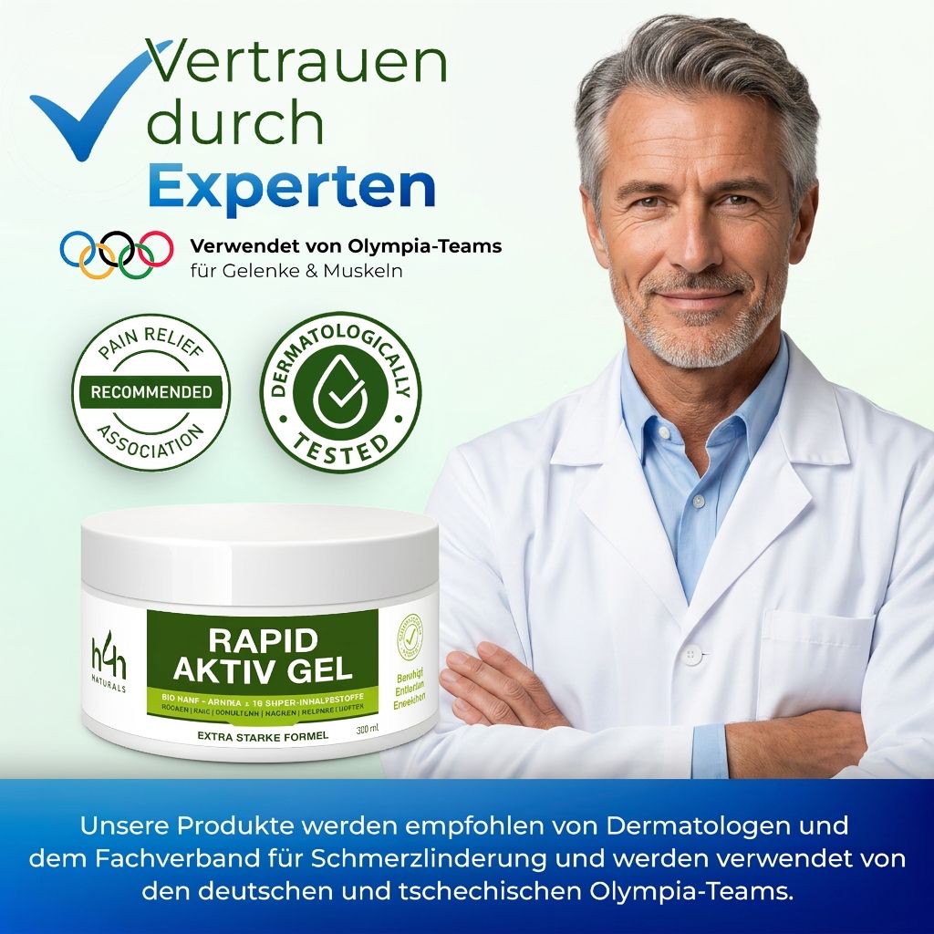 Man in doktersjas naast H4H Naturals Rapid Aktiv Gel pot. "Vertrouwen door experts" en Olympische ringen.