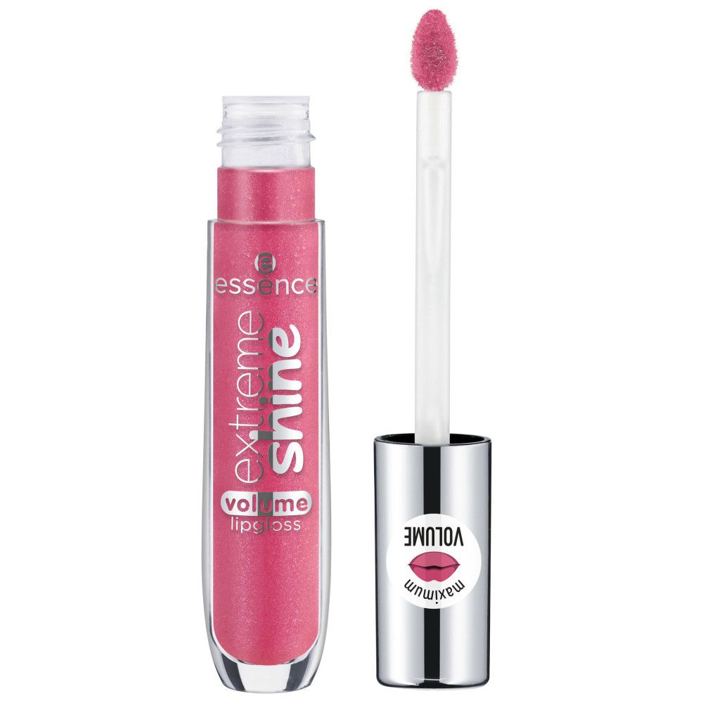 Open lipgloss tube met applicator. Roze inhoud, tekst 'extreme shine volume lipgloss'. Zilveren dop met sticker 'maximum volume'.