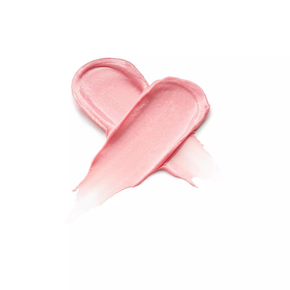 Twee roze lippenbalsemstreken, gekruist. Op witte achtergrond.