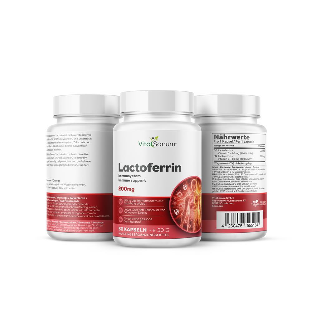 Drie VitaSanum Lactoferrin potten, wit met rood etiket, 60 capsules, 30g.