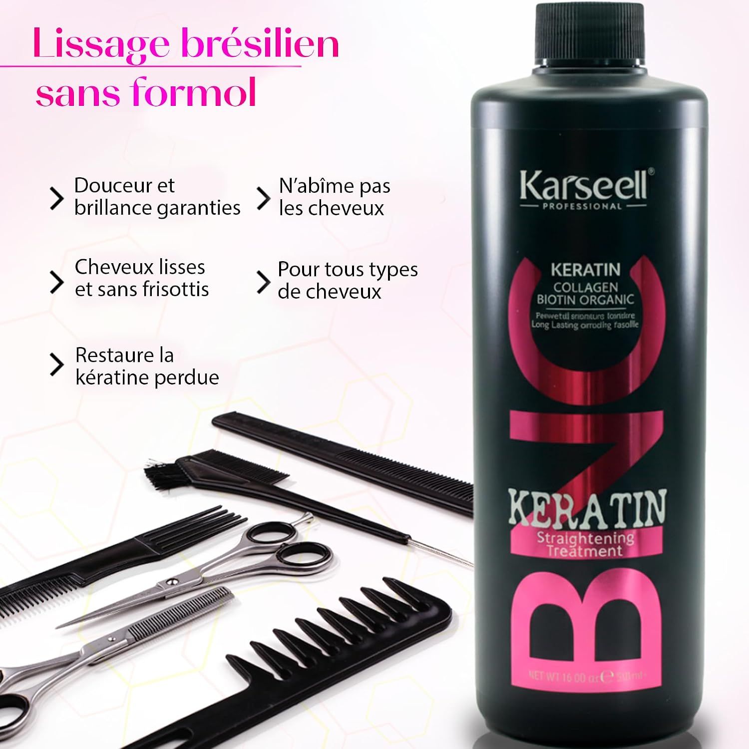 Bouteille noire de traitement Karseell Keratin Biotin Organic pour lisser les cheveux. Outils de coiffure à côté.