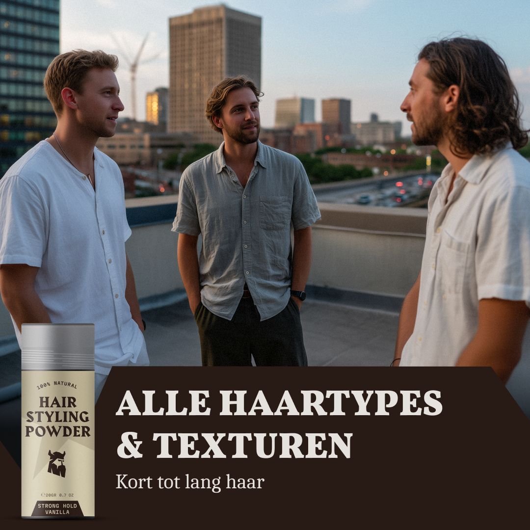 Drie mannen op een dak, haarstyling poeder voor alle haartypes en texturen.