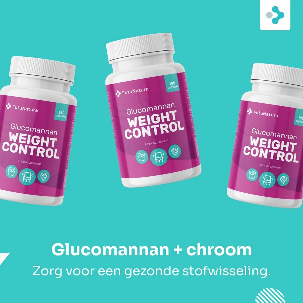 Drie flessen 'WEIGHT CONTROL' en capsules. Tekst: 'Gluc. + chroom'.