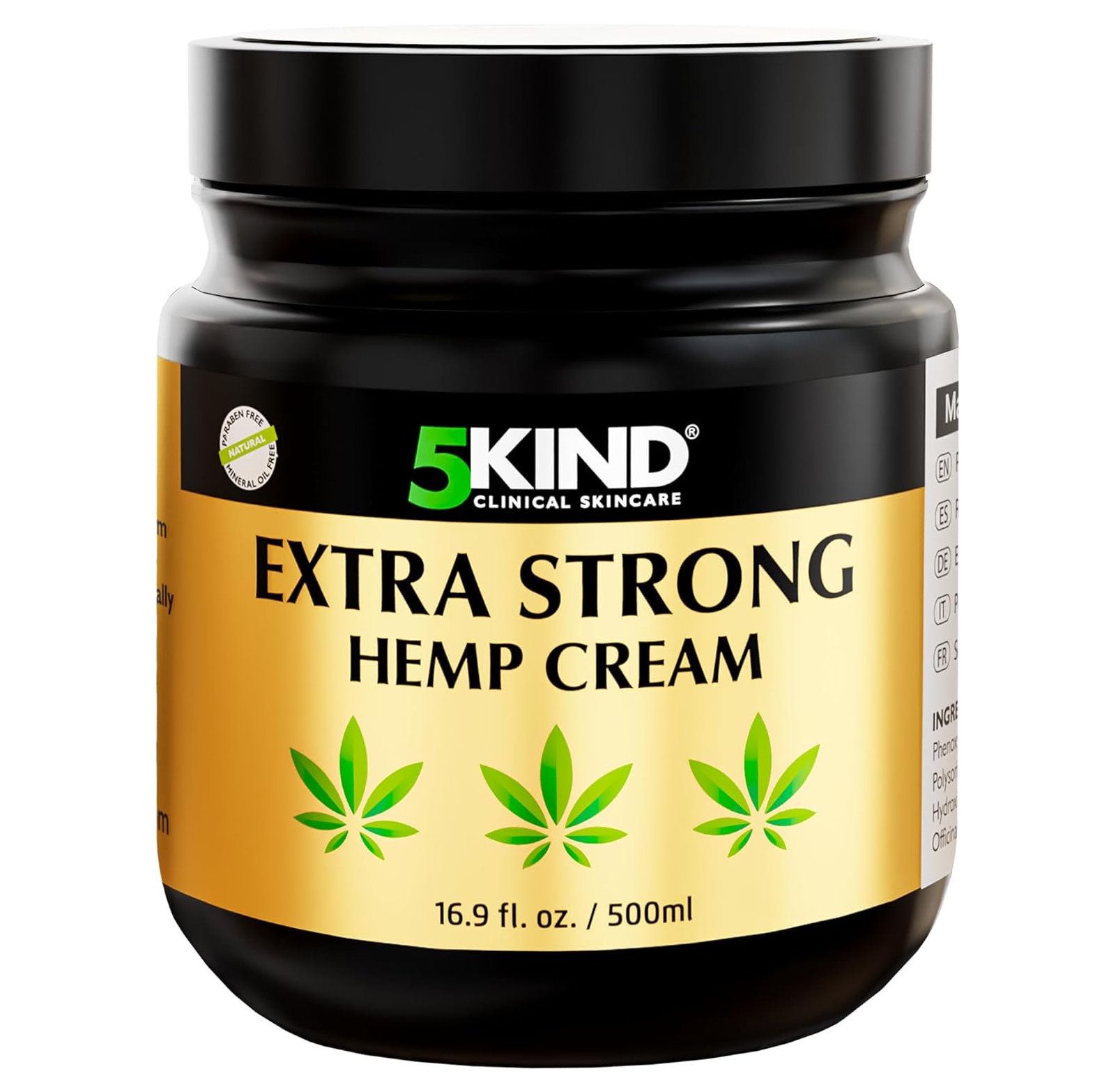 5Kind Extra Strong hennepcrème in een zwarte pot met goudkleurig etiket en hennepblaadjes.