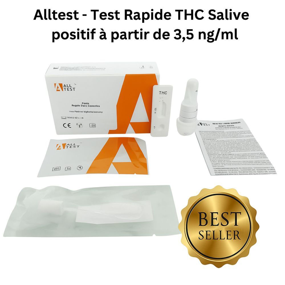 Kit de test avec cassette, récipient, instructions et certification. Inscription : Alltest - Test Rapide THC Salive.