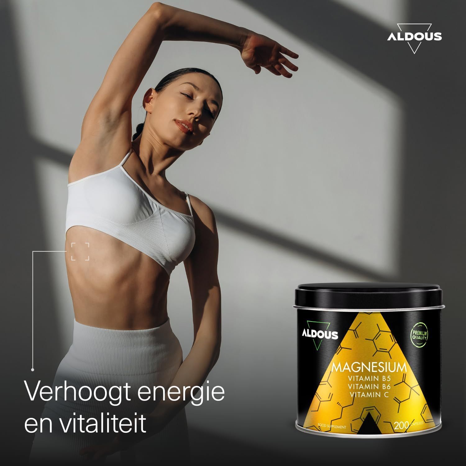 Aldous Magnesium blik met Vitamine B5, B6, C. Een vrouw strekt zich uit op de achtergrond.