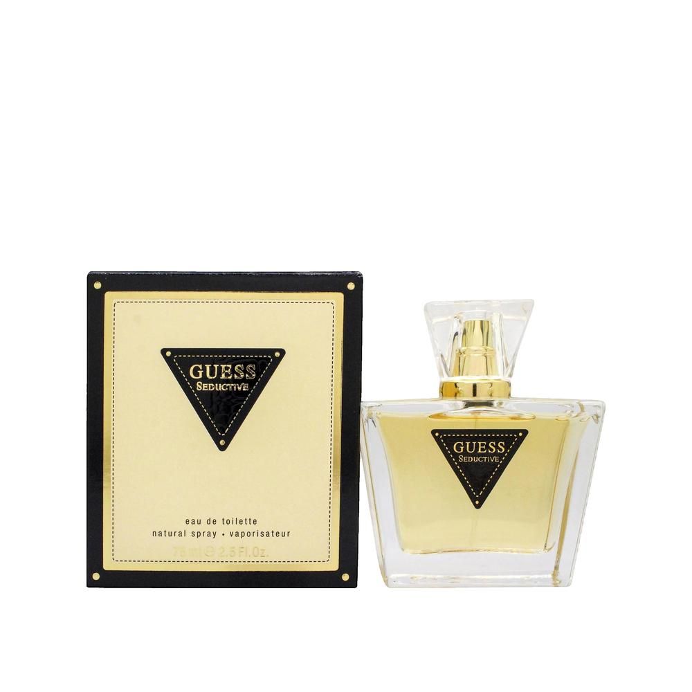 Flacon de parfum et emballage. Flacon en verre, carré, avec bouchon doré. Emballage noir avec fond doré et logo.