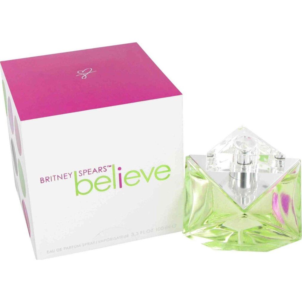 Flacon vert avec bouchon transparent et emballage. Inscription : Britney Spears Believe. Emballage avec dessus rose.