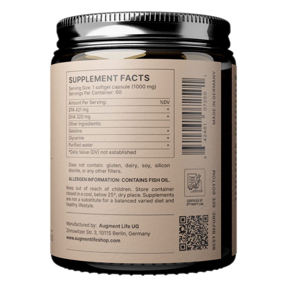 Supplementenlabel met voedingsfeiten, ingrediënten en productiedetails. Bevat visolie.