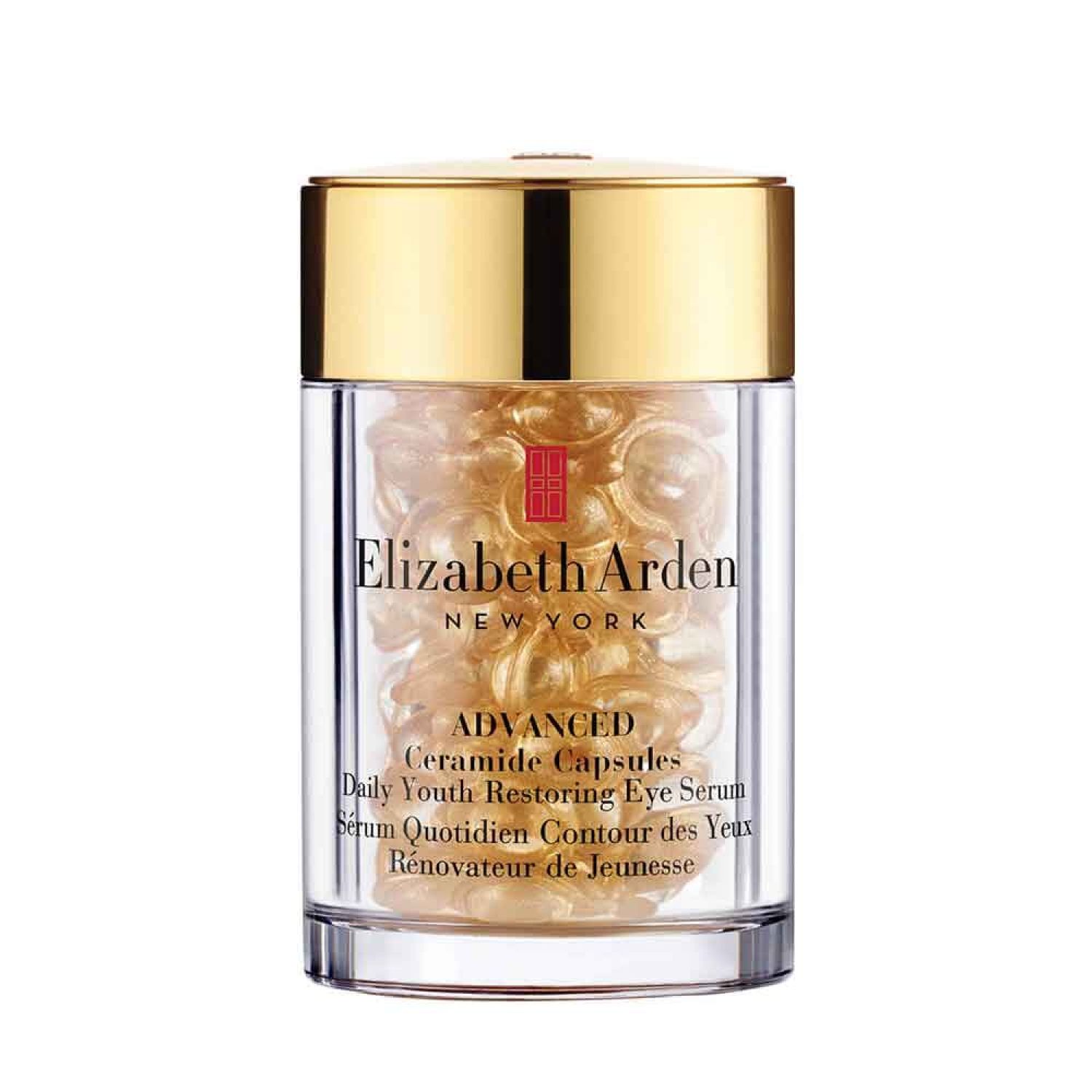 Capsules in een transparante container. Gouden deksel. Elizabeth Arden-logo en productnaam zichtbaar.