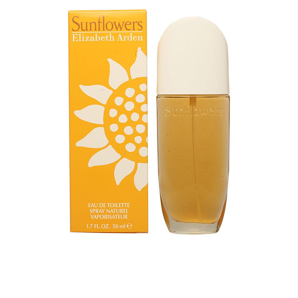 Boîte et flacon jaunes. Sur la boîte : Sunflowers, Elizabeth Arden, motif tournesol. Flacon : liquide jaune, bouchon blanc.