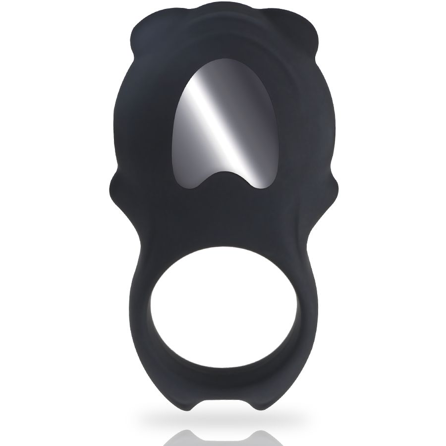 Vue arrière d'un vibrateur anneau noir avec télécommande. Le design ressemble à une tête d'ours.