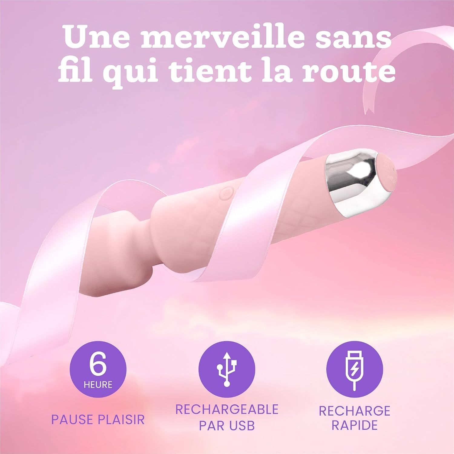 Un vibromasseur rose avec embout argenté, entouré d'un ruban rose. Rechargeable par USB.