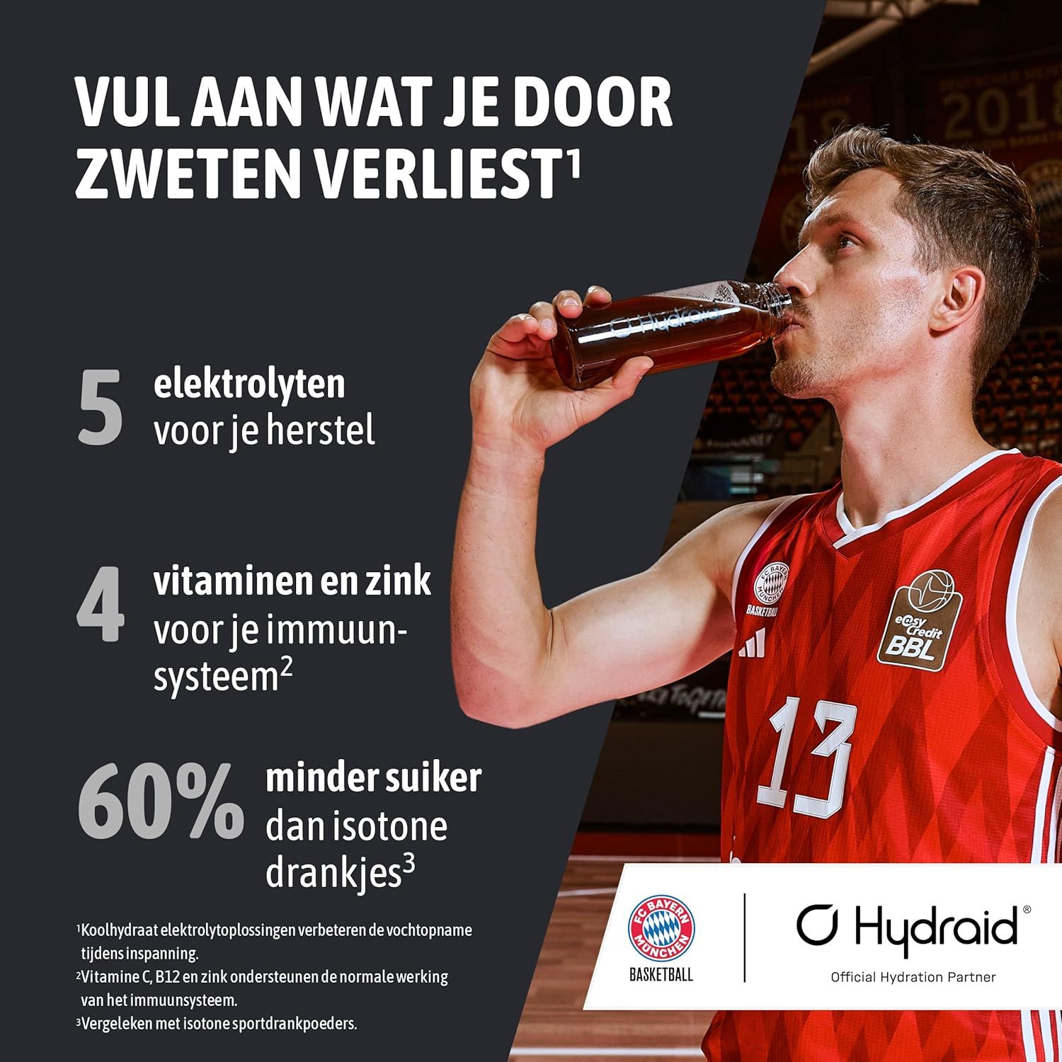 Basketbalspeler drinkt uit een fles. Tekst benadrukt elektrolyten, vitamines, zink en suikergehalte.