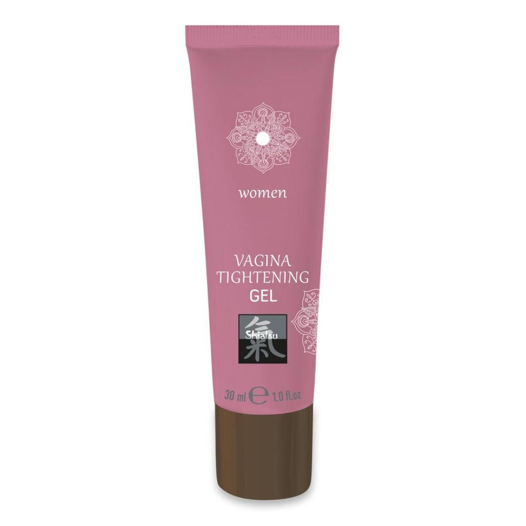 Tube rose avec nom du produit et logo. Texte: Vagina Tightening Gel. Marque: Shiatsu. Volume: 30 ml.