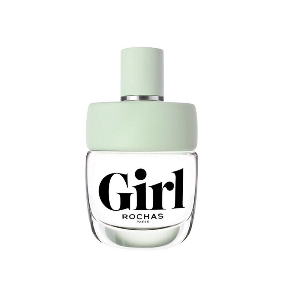Ronde flacon met lichtgroene dop. Opschrift "Girl" en "Rochas Paris".