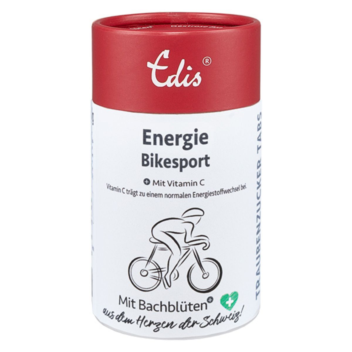 Boîte rouge avec l'inscription blanche 'Edis Energie Bikesport'. Un symbole de cycliste et le texte 'Mit Bachblüten' sont également représentés.