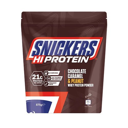 Snickers Hi Protein Poudre de lactosérum saveur chocolat, caramel et cacahuète, sachet de 875g.